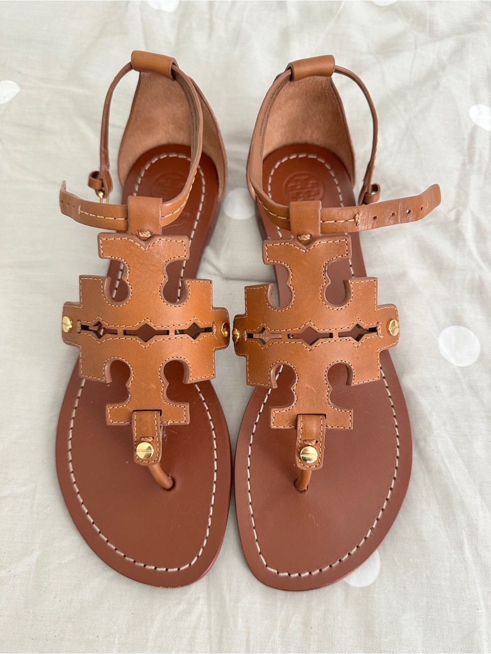 Tory Burch Cognac Leather Logo T-Strap Sandals